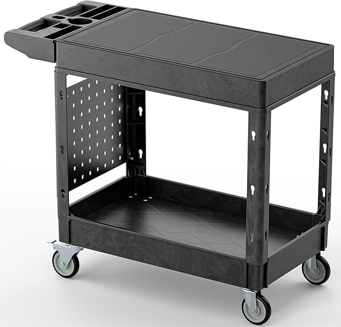 Heavy Duty Utility Service Tool Cart, 39 x 17 in, 2 Shelf Flat Top Rolling Cart with Hanging Board, 550LBS, Swivel Wheels, Ergonomic Handle for Garage, Warehouse, Office, Workshop, Auto Repair