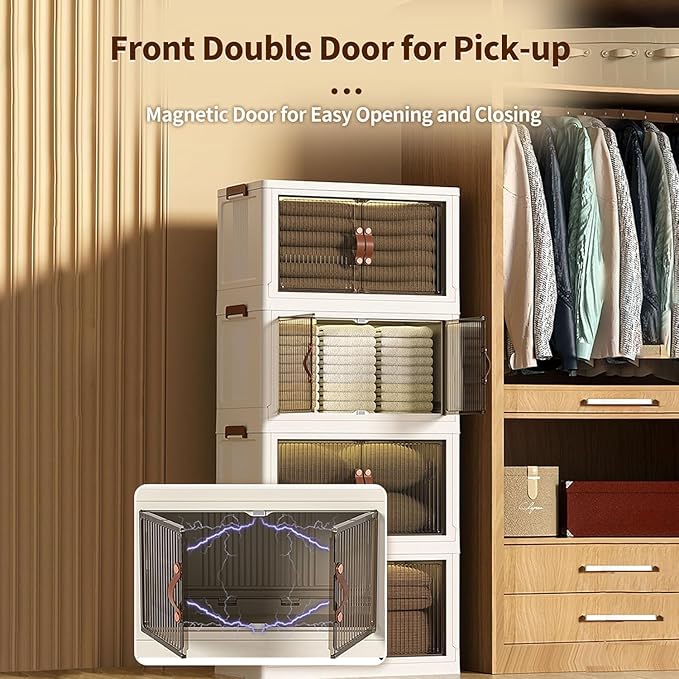 5-Tier Stackable Storage Bins with Lids & Open Front Design, Foldable Storage Bins with Wheels for Home Organization, Collapsible Space Saving Multi-Layer Storage Organizer, 35QT