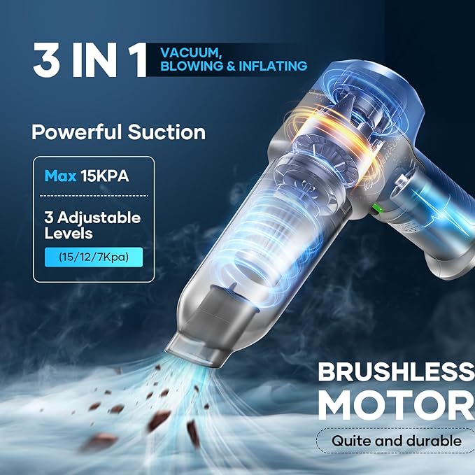 Mini Vacuum Cleaner, 3 in 1 Car Vacuum Cleaner High Power, 15000PA Powerful Suction, Air Duster, 7500mAh, Adjustable Small Vaccum Portable Cordless for Cars,Desktop,Home- Light Blue
