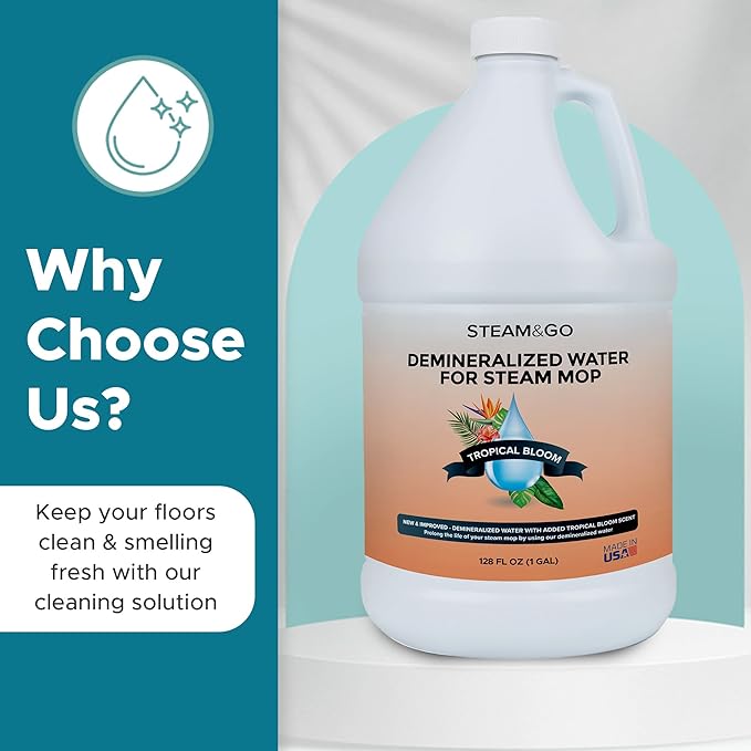 Steam & Go Demineralized Water for Steam Cleaner - PVC-Free Floor Cleaning Solution Compatible for All Steam Mops - Multi-Surface Cleaner for Home Surfaces - Tropical Bloom Scent, 128 Fl oz