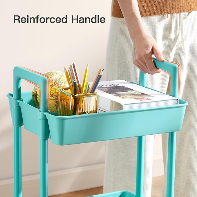 Pipishell 3 Tier Rolling Cart Organizer, Plastic Rolling Cart with Lockable Wheels & Reinforced Handle, Lightweight Utility Cart Storage Cart for Nursery, Kitchen, Bathroom, Craft Room, Turquoise