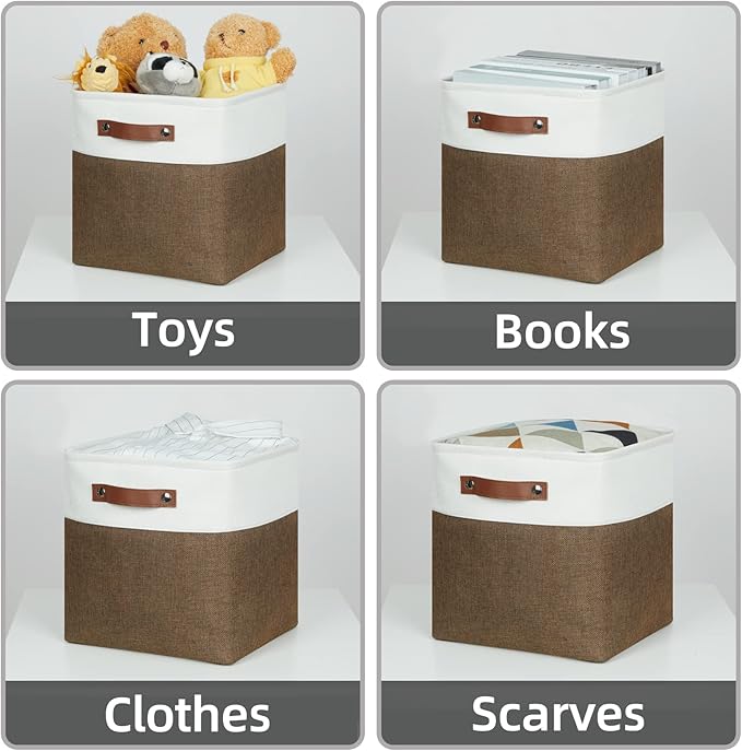 HNZIGE Fabric Storage Baskets 4 Pack,Storage Cube Baskets 11x11, Foldable Cube Storage Bin Baskets for Shelves with Handles, Decorative Storage Bins for Organizer Home Toy Nursery Closet(Brown Gray)