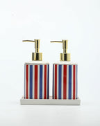 Patriotic Red, White & Blue Ceramic Soap Dispenser Set with Gold Pump – 3-Piece Bathroom & Kitchen Accessories with Tray, Refillable Lotion & Dish Soap Pump Bottles for Fourth of July & Nautical Décor