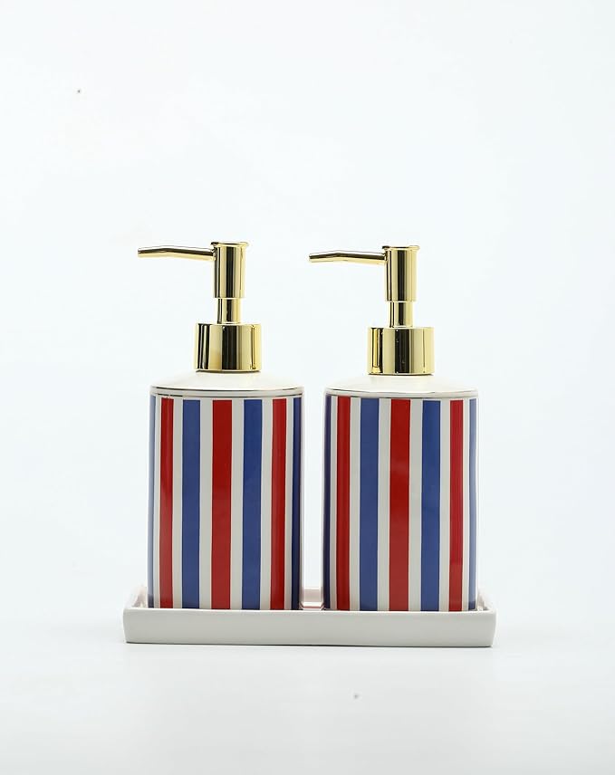 Patriotic Red, White & Blue Ceramic Soap Dispenser Set with Gold Pump – 3-Piece Bathroom & Kitchen Accessories with Tray, Refillable Lotion & Dish Soap Pump Bottles for Fourth of July & Nautical Décor