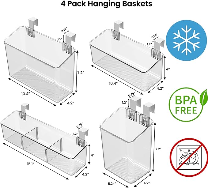 vacane Hanging Basket with Removable Hooks, Plastic Over Cabinet Door Organizer for Organizing Over the Cabinet Organizer Holder for Kitchen, Pantry, Bathroom-Hang Outside or Inside Door-4 Pack