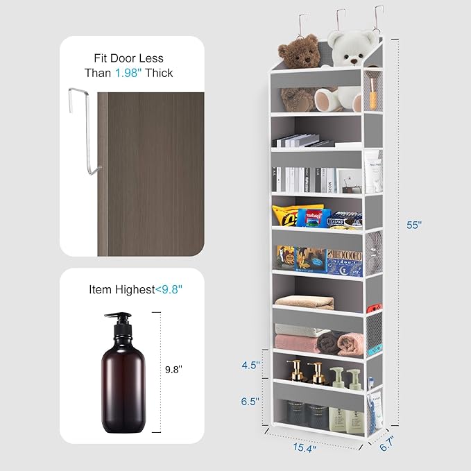Over the Door Organizer Closet,5 Bins 10 Side Pockets,Hanging Organizer,Anti Tilt 44 lbs Load Organizers and Storage with Clear Window for Bedroom,Nursery,Rv,Bathroom,Camper(Light Grey)