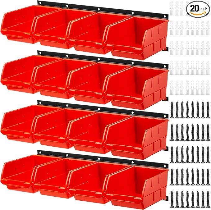 Maitys Wall Mounted Storage Bins Plastic Hanging Stackable Storage Parts Garage Tool Organizer for Screws, Nuts, Bolts, Nails, and Small Hardware Parts, 16x Bins & 4 x Rails(Orange)