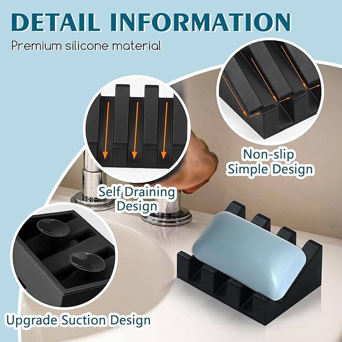 Silicone Soap Dish with Drain, Upgrade Double Suction Cups at The Bottom for Anti-Slip and Stability, Soap Dish Shower Waterfall Bar Soap Holder Tray with Drain Soap Holder (3, Black)