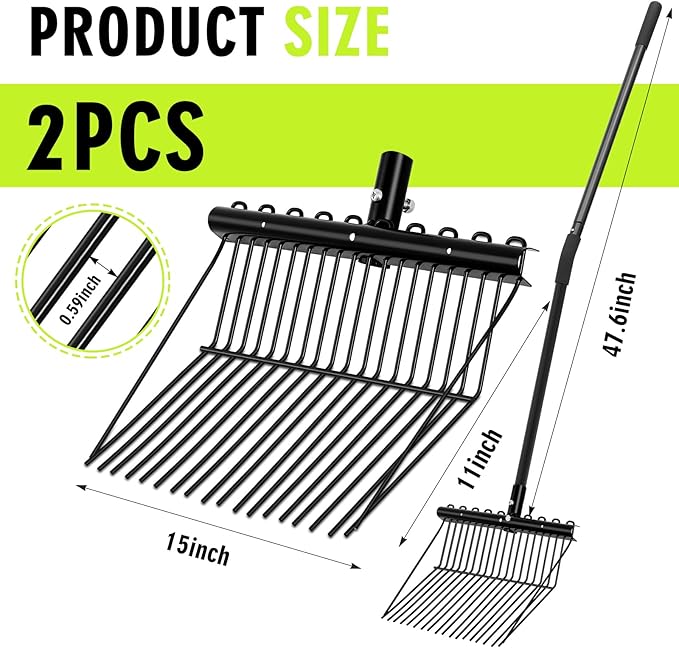 Lasnten 2 Set Pitch Fork Manure Fork with Long Handle Pitchfork Muck Rake Tool for Gardening Horse Stall Stable Grass Hay Cleaning Farm Work (Metal Head)