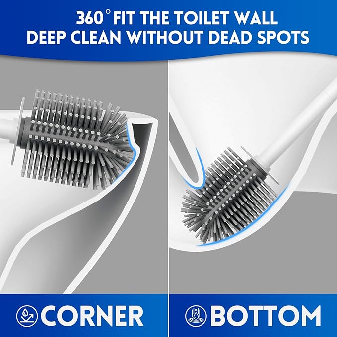 2 Pack Silicone Toilet Brush, Soft Toilet Bowl Cleaner Brush Set for Deep Cleaning. Bathroom Accessories with Long Handle, Wall mountable. - White