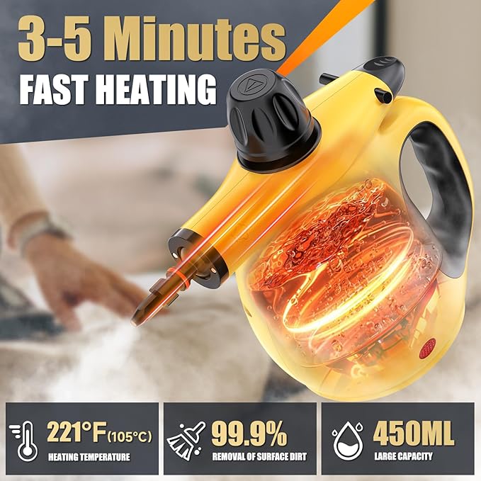 Pressurized Handheld Steam Cleaner -1050W Powerful Steamer for Grout, Oven Grease & Bathroom Mold with 10 Attachments | 3-5Min Heat-Up, 15oz (450mL) Tank | 221°F Heating Temperature
