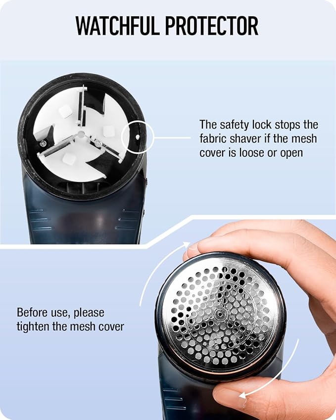 Ruidla Fabric Shaver Defuzzer, Electric Lint Remover, Rechargeable Sweater Shaver with Stainless Steel 3-Leaf Blades, Dual Protection, Removable Bin, Easy Remove Fuzz, Lint, Pills, Bobbles