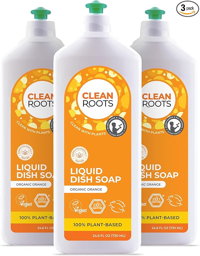 Liquid Dish Soap – EcoGarantie Certified, 100% Plant-Based Formula, Made with Organic Ingredients, Scented with Organic Orange Essential Oil – 24.6 fl oz (730 mL), Pack of 3