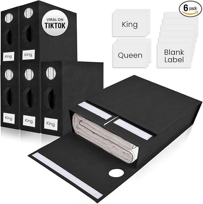6 Pack Bed Sheet Organizer and Storage, Foldable Storage Organizer for Linen Closet with Viewing Window & Label for Bedding Sheets & Blankets (Queen & King Size) Black