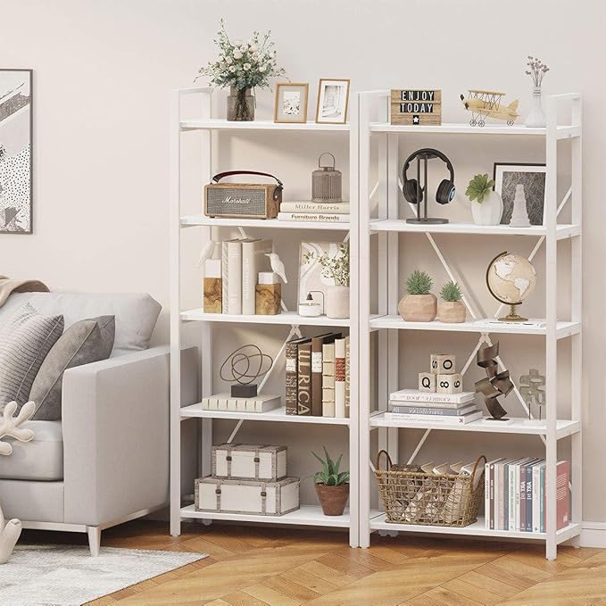 FATORRI 5 Tier Bookshelf, Metal and Wood Bookcase, Etagere Book Shelf for Display, Modern Shelving Unit Tall Book case for Home Office, Living Room (White Oak)
