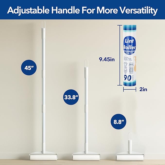 Large Lint Rollers for Carpet, 9.45'' Sticky Rollers for Floor with 360 Sheets, Extendable Long Handle Sticky Mop for Cleaning Couch, Curtains, Cars, Clothing, and Pet Hair