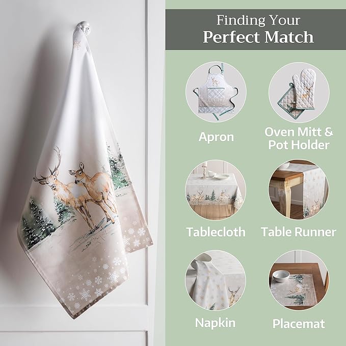 Maison d' Hermine Kitchen Towels Set of 3 100% Cotton 27.50" x 20" Reusable Cloth Tea Dish Towels Absorbent with Hanging Loop for Kitchen, Home, Dining, Cocktail Parties (Deer in The Woods)