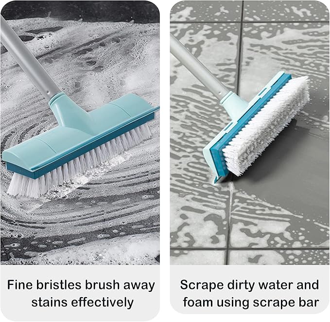 BOOMJOY Floor Scrub Brush with Long Handle, 2 in 1 Scrape and Brush, Stiff Bristles for Cleaning Bathroom, Patio, Garage, Kitchen, Deck, Tile, Blue