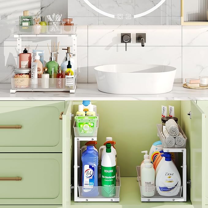 REALINN Under Sink Organizer, Height Adjustable Under Sink Organizers and Storage, 2 Tier Pull Out Drawer Cabinet Storage for Kitchen Bathroom, 2 Pack, Clear