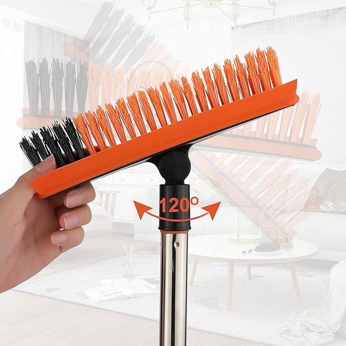 2 in 1 Floor Scrub Brush Grout Brush with 57.8" Long Handle,120°Rotatable Shower Tile Grout Cleaner Scrubber,V-Shaped Corner Brush for Hard to Reach Areas (Orange)