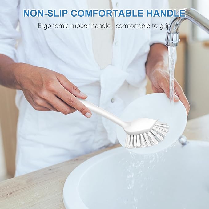 SetSail Dish Brush with Handle, 2 Pack Stiff Bristles Dish Scrubber with Built-in Scraper Dish Scrub Brushes for Cleaning Dishes, Pots and Pans, Kitchen Sink, White