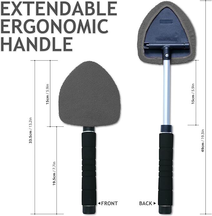 TAKAVU Car Window Cleaning Tool, Windshield Wiper Cleaner with Extendable Long-Reach Handle, 3 Washable Reusable Microfiber Bonnets, Car & Home Inside Interior Exterior Use - Lint Free (Grey)