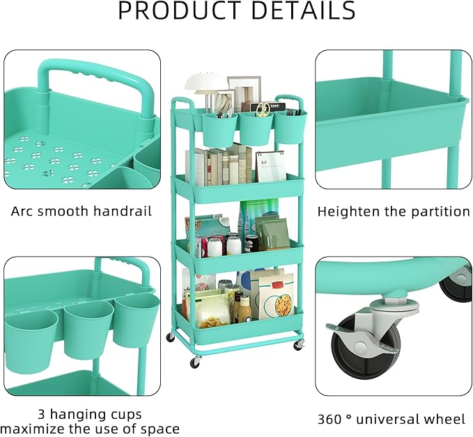 JIUYOTREE 4-Tier Plastic Rolling Storage Cart Utility Cart with Extra Hanging Cups Handles Lockable Wheels for Living Room Bathroom Kitchen Office Green