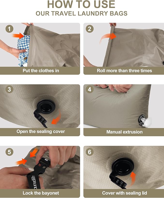 Travel Laundry Bag, Pump Free Vacuum Storage Bag Reusable Compression Dirty Clothes Travel Bag Waterproof Wet Dry Bags Large Capacity Space Saver Bags Camp Clothes Organizer (1 Pcs)(Gray, L)