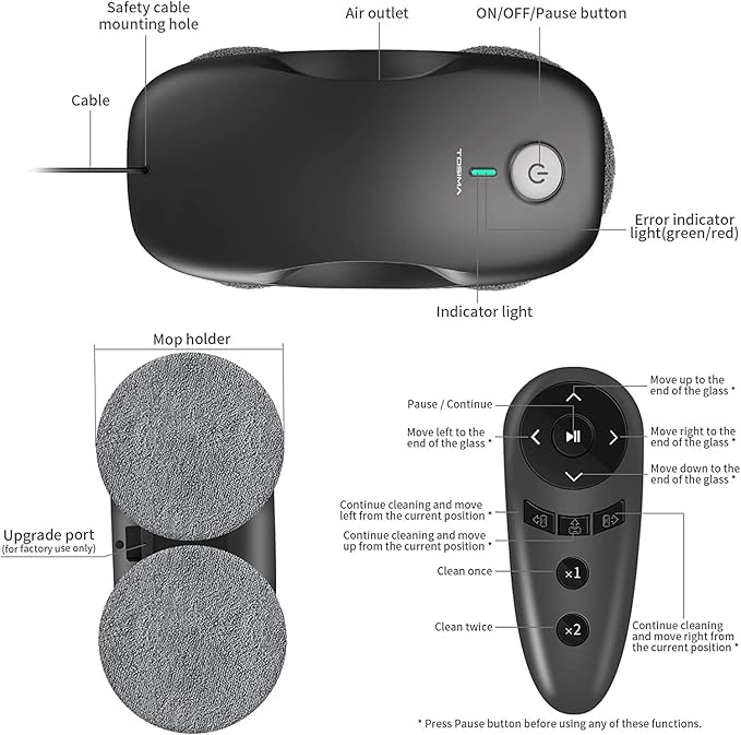 Tosima W2 Window Cleaner Robot, Automatic Cleaning with Intelligent Path Planning, 3800Pa Suction Power, Edge Detection Technology, Remote Control