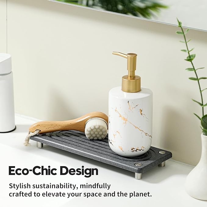 Water Absorbing Stone Sink Caddy Kitchen Sink Organizer Tray, Diatomite Bathroom Counter Tray, Faucet Drying Mat Coaster Soap Dish Rack Riser Dispenser Sponge Holder, Charcoal 10" x 4"