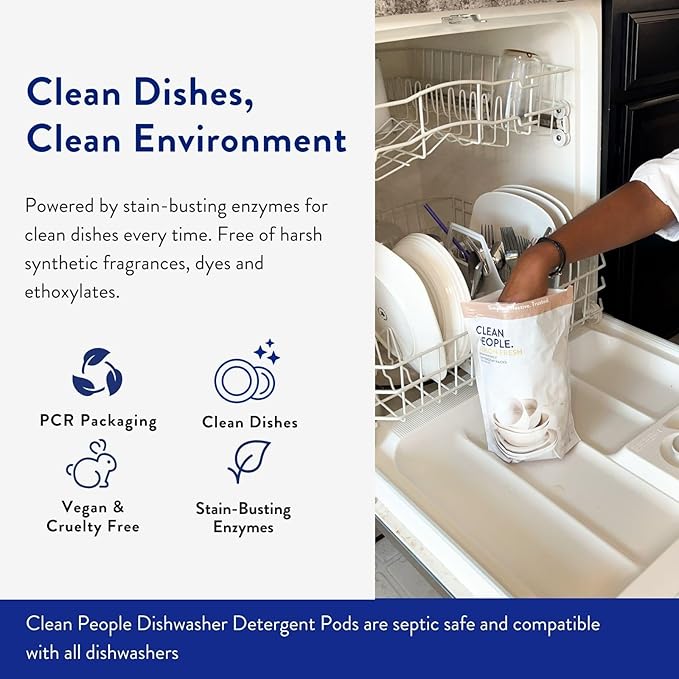 The Clean People Dishwasher Pods - Cuts Grease & Rinses Sparkling Clean - Residue-Free - Phosphate Free Dishwashing Pods - Fragrance Free, 30 Pack