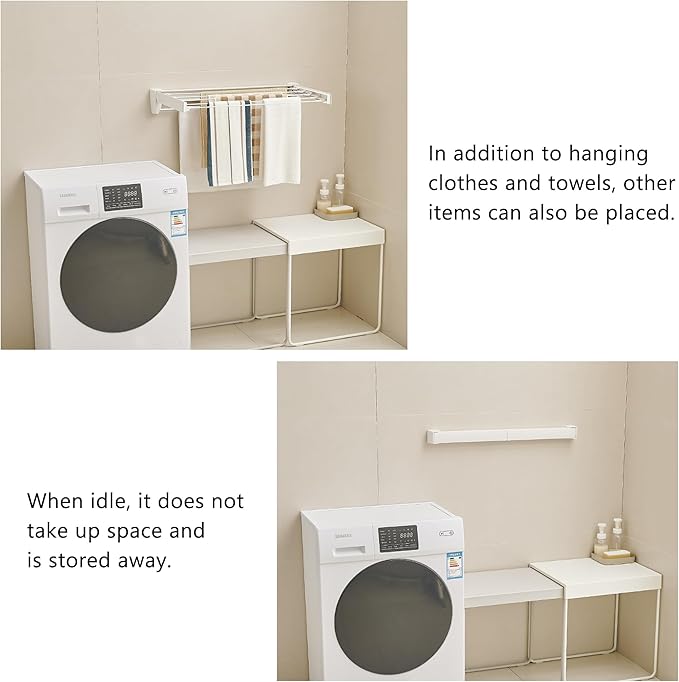 JOOM Laundry Drying Rack Collapsible, Wall Mounted Drying Rack, Clothes Drying Rack, Retractable Drying Racks, 27.5" Wide, 5 Aluminum Rods with Hooks, 60 lb Capacity (White 27.5" with Hooks)