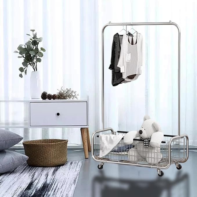 AUGMIRR Garment Rack With Storage Baskets,Clothing Rack for Hanging Clothes, Multi-functional Bedroom Clothes Rack with Wheels for Bedroom, Living Room, Easy Assembly (40inch lenght)