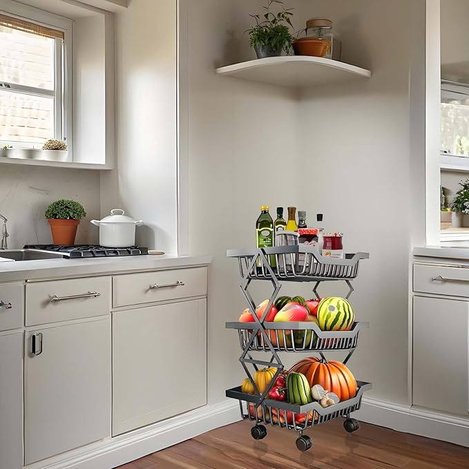 Black 3-Tier Rolling Kitchen Cart, Foldable Metal Utility Organizer with Wheels, Compact Storage Rack for Pantry, Bathroom, Bedroom, Office, 14.17" L x 10.71" W x 21" H