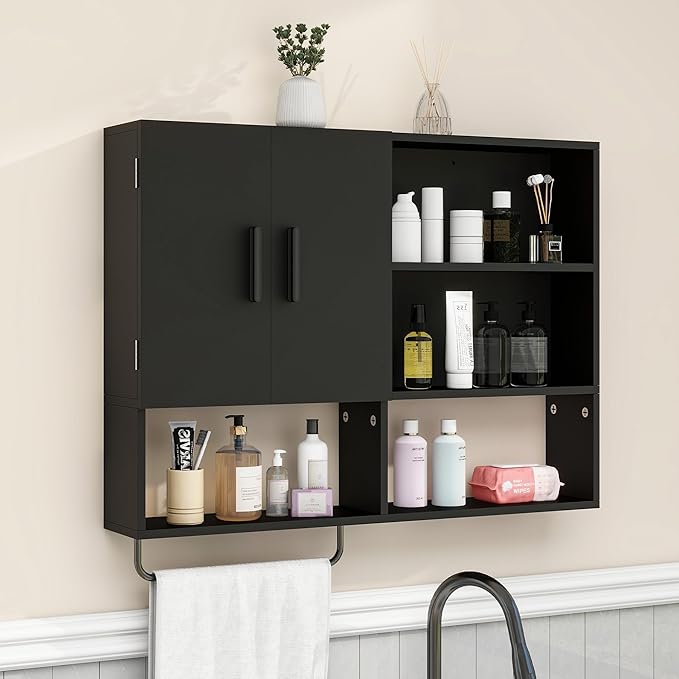 Wooden Bathroom Organizers, Over The Toilet Storage Cabinet with 2 Doors, Adjustable Shelves & Towel Bar, Wall Mounted Medicine Cabinet for Kitchen & Laundry, Black