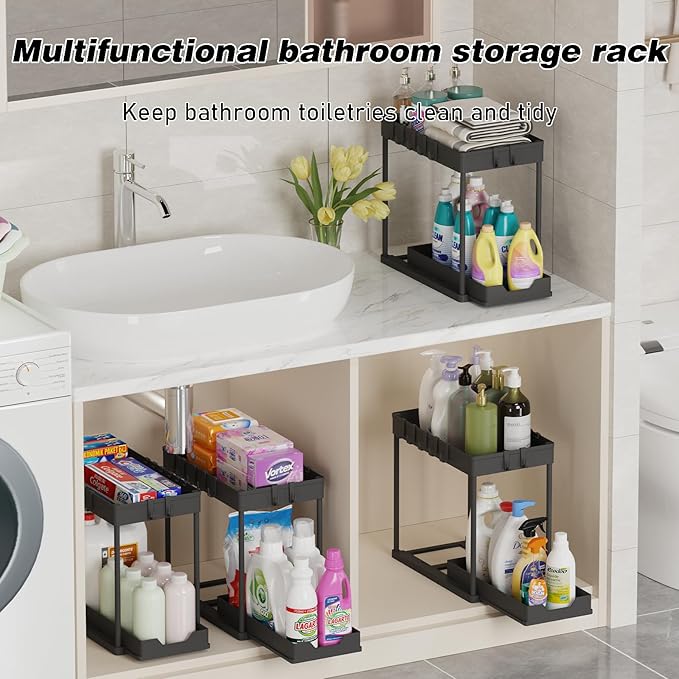 Under Sink Organizer 2 Pack,Bathroom Under Cabinet Storage with Pull Out Sliding Drawers for Kitchen Organization,12.8 Inch,Black