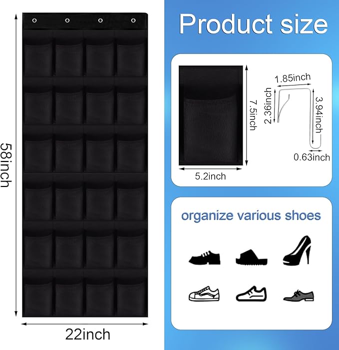 Over the Door Shoe Organizer, 24 Large Breathable Mesh Pockets, Hanging Storage Holder, Hanging Shoe Organizer(Black)