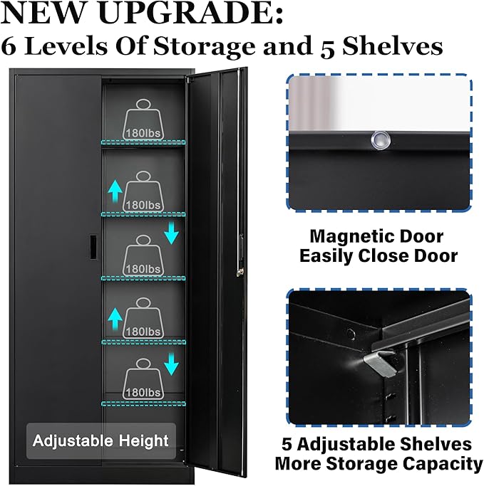 Metal Garage Storage Cabinets,71” Tall Metal File Cabinet with 5 Adjustable Shelves, Lockable Storage Cabinets for Office, Home, Garage, Warehouse 71" H x 31.5" W x 15.8" D (Black)