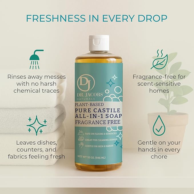 Dr. Jacobs Naturals Fragrance Free Castile All-in-One Cleaner and Soap - Plant-Based Formula for House Cleaning Floors and Appliances - Gentle on Skin and the Planet - 32 oz, 2 Pack