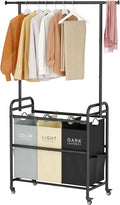 Tajsoon Laundry Sorter Cart with Hanging Clothes Rack, 3 Butler Sorter Basket Organizer, Laundry Hamper Cart with Heavy Duty Rolling Lockable Wheels, 3 Colors