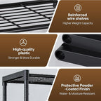 5-Tier Storage Shelves with Plastic Connectors – Metal Shelf Organizer for Pantry, Closet & Bathroom, Space-Saving Sturdy Shelving Unit Rack, Black, 17.3" x 12.8" x 56.7"
