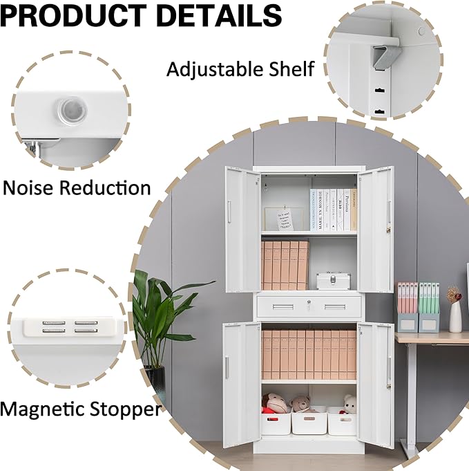 Metal Storage with 1 Drawer, 71" Cabinet with 4 Locking Doors and 2 Adjustable Shelves, Steel Storage File Cabinet for Pantry, Kitchen, Office, Garage (White)