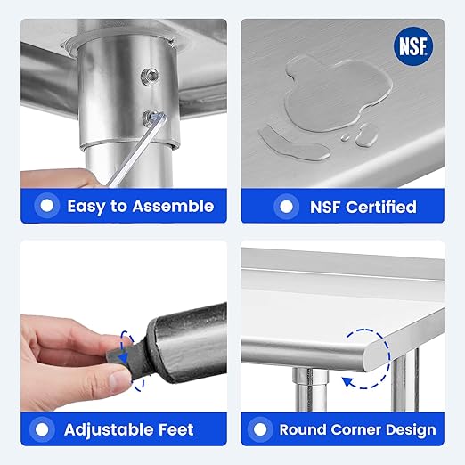 Hally Stainless Steel Table for Prep & Work 14 x 30 Inches, NSF Commercial Heavy Duty Table with Undershelf and Backsplash for Restaurant, Home and Hotel
