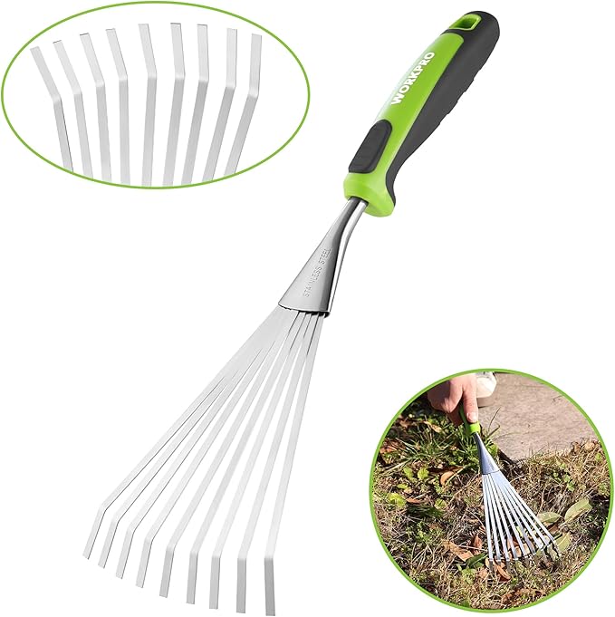 WORKPRO 16" Hand Rake, Heavy Duty Stainless Steel Garden Rake with Soft Handle, Small Garden Hand Tool for Gardening, Cultivating, Loosening Soil & Spreading Mulch, Flower Beds