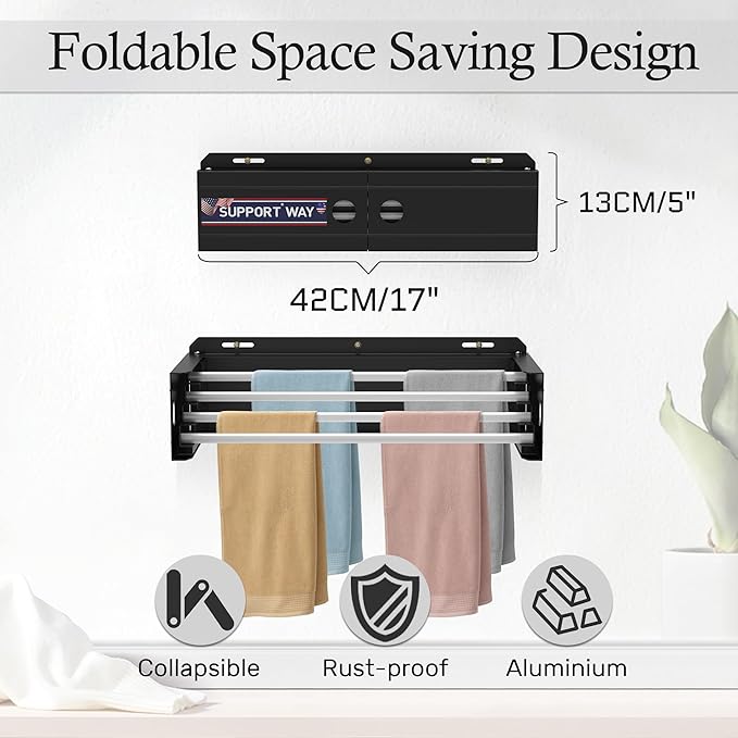 Foldable Wall Mounted Drying Rack, 17'' Wide Aviation Aluminum Laundry Clothes Rack Collapsible with 4 Rods, 100LB Capacity, Pull Out Design Towel Drying Rack for Laundry Wall (Black, 17")