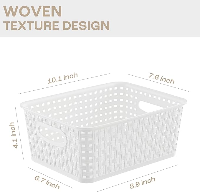 White Plastic Storage Baskets/Bins, 12-Pack Stackable Basket Pantry Organizer, Household Organizers for Bathrooms, Kitchens, Shelves, Classroom, Cabinets, Countertops and Bedrooms