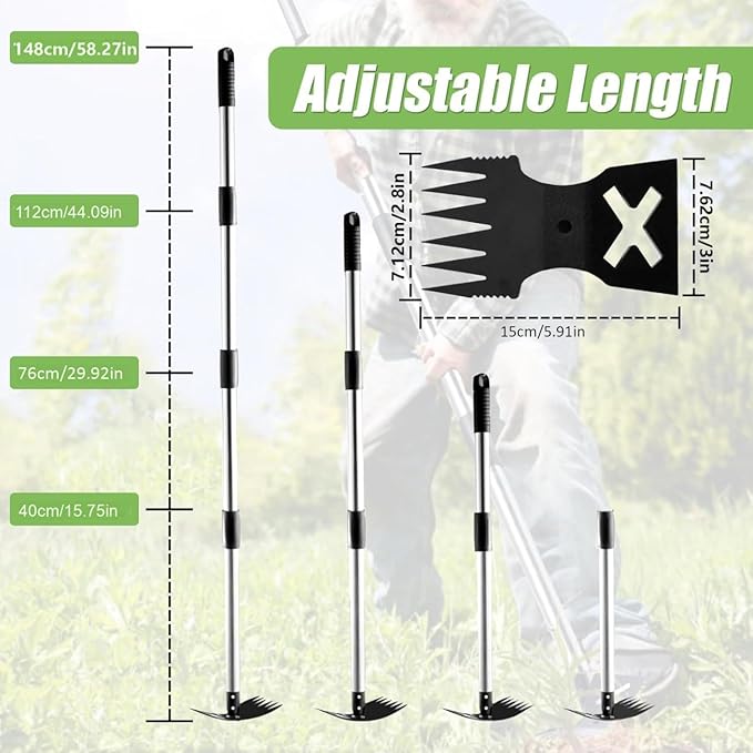 Long Handle Weed Puller Tool, 2-in-1 Handle Garden Hoe and Weed Rake, Adjustable Handle, Hoe Garden Tool for Home Gardens, Lawns, and Yards, Heavy Duty Weed Remover Tool for Gardening Planting