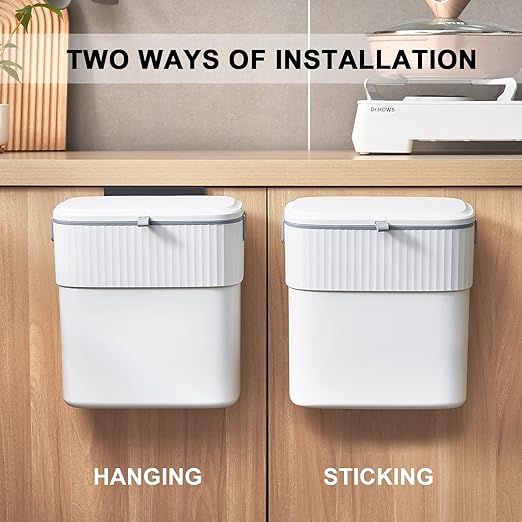 ELPHECO Hanging Trash Can with Lid 2.5 Gallon Kitchen Compost Bin for Under Sink, Plastic Wall-Mounted Garbage Can, Small Kitchen Trash Bin, Small Trash Can with Lid for Cupboard Countertop