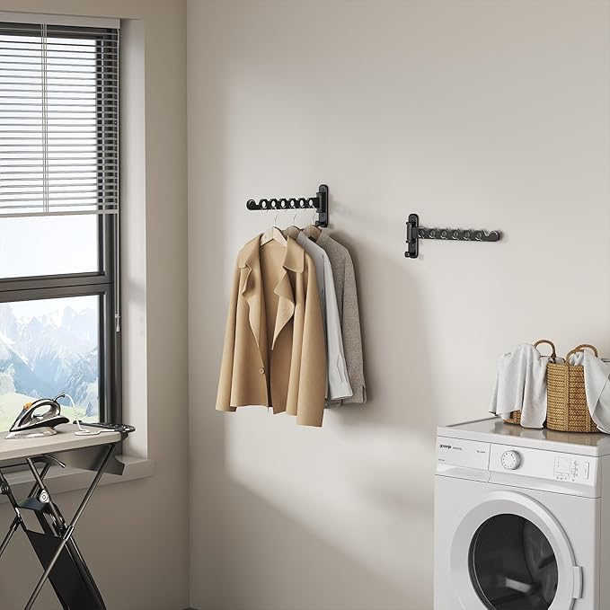 Wall Mounted Clothes Hanger Rack Foldable Drying Rack Hook Folding Indoor for Laundry Room Organization Bedroom Collapsible Racks Perfect for Small Spaces, 6 Hole Black 2 Packs