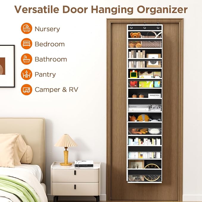 Over The Door Organizer, 7 Tier Door Hanging Organizers with 7 Large Pockets 12 Side Pockets, Behind Door Storage Hanging Shelves for Closet Bathroom Bedroom Nursery